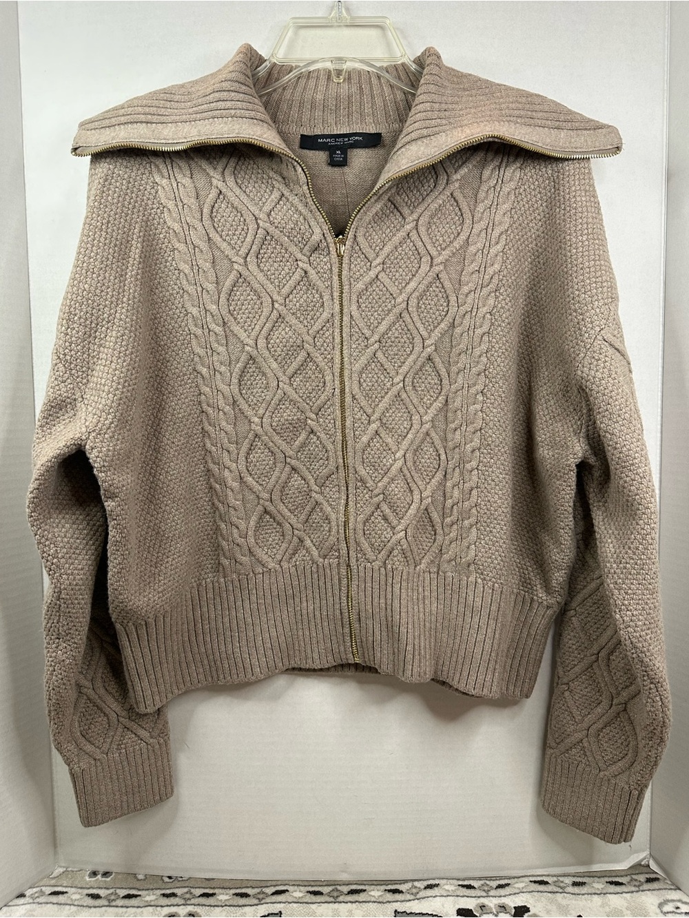 Marc New York Taupe Cable Zip-Front Cardigan, gold zip, size XL, NWT